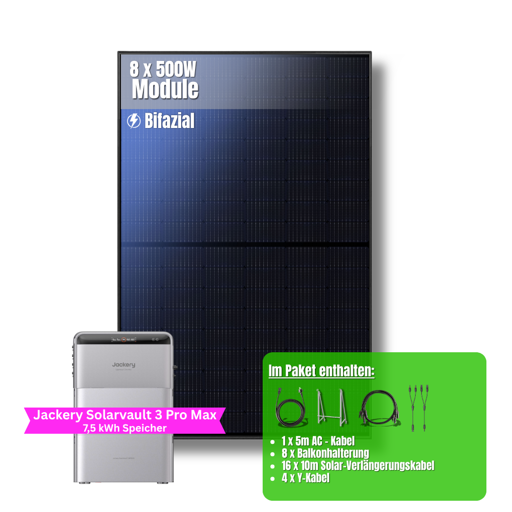 4000W Balkonkraftwerk Jackery mit 7,5kWh Speicher (8 x 500w Module + 2,52kWh Speicher Solarvault 3 Pro Max + 2 x 2,52kWh Zusatzspeicher)