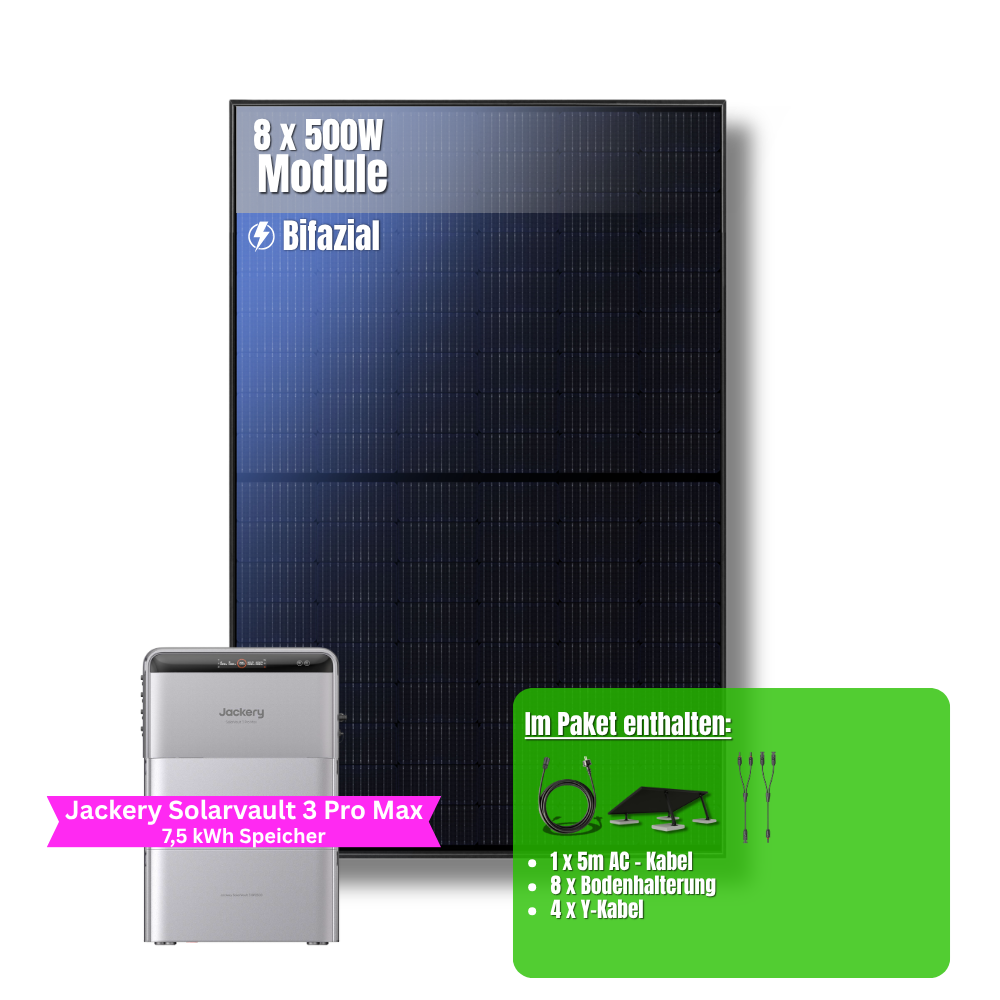 4000W Balkonkraftwerk Jackery mit 7,5kWh Speicher (8 x 500w Module + 2,52kWh Speicher Solarvault 3 Pro Max + 2 x 2,52kWh Zusatzspeicher)