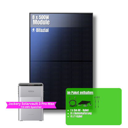 4000W Balkonkraftwerk Jackery mit 7,5kWh Speicher (8 x 500w Module + 2,52kWh Speicher Solarvault 3 Pro Max + 2 x 2,52kWh Zusatzspeicher)