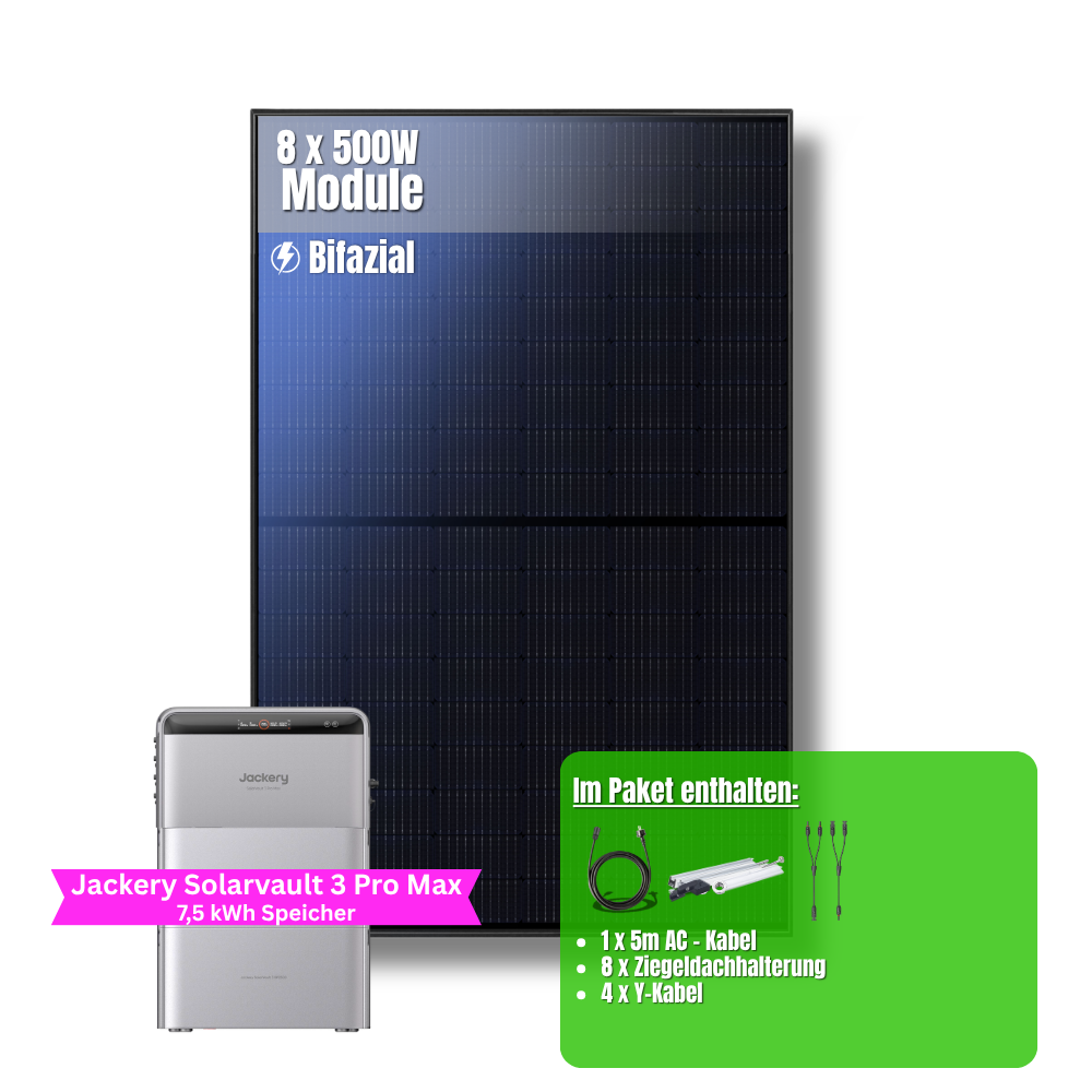 4000W Balkonkraftwerk Jackery mit 7,5kWh Speicher (8 x 500w Module + 2,52kWh Speicher Solarvault 3 Pro Max + 2 x 2,52kWh Zusatzspeicher)