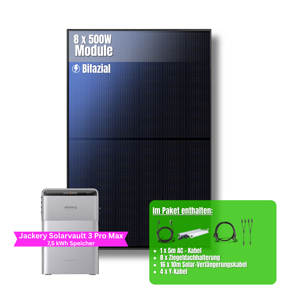 4000W Balkonkraftwerk Jackery mit 7,5kWh Speicher (8 x 500w Module + 2,52kWh Speicher Solarvault 3 Pro Max + 2 x 2,52kWh Zusatzspeicher)