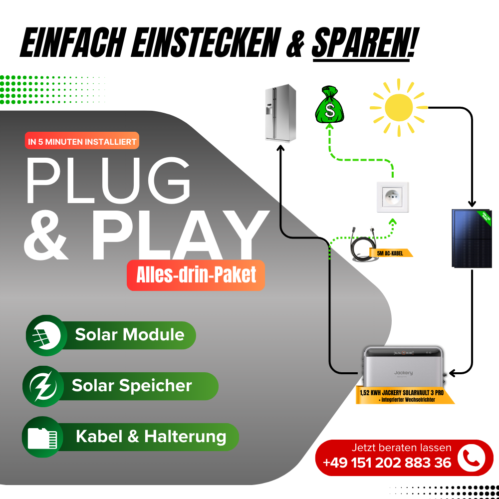 2000W Balkonkraftwerk Jackery mit 2,52kWh Speicher ( 4 x 500w Module + 2,52kWh Speicher Solarvault 3 Pro)