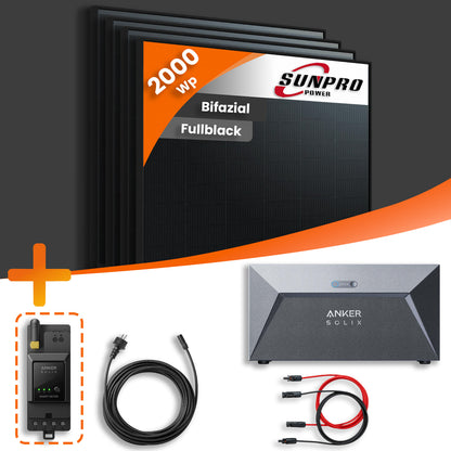 Balkonkraftwerk 2000Wp 4x Sunpro Bifazial Fullblack 500Wp mit Anker SOLIX 1,6 kWh Speicher