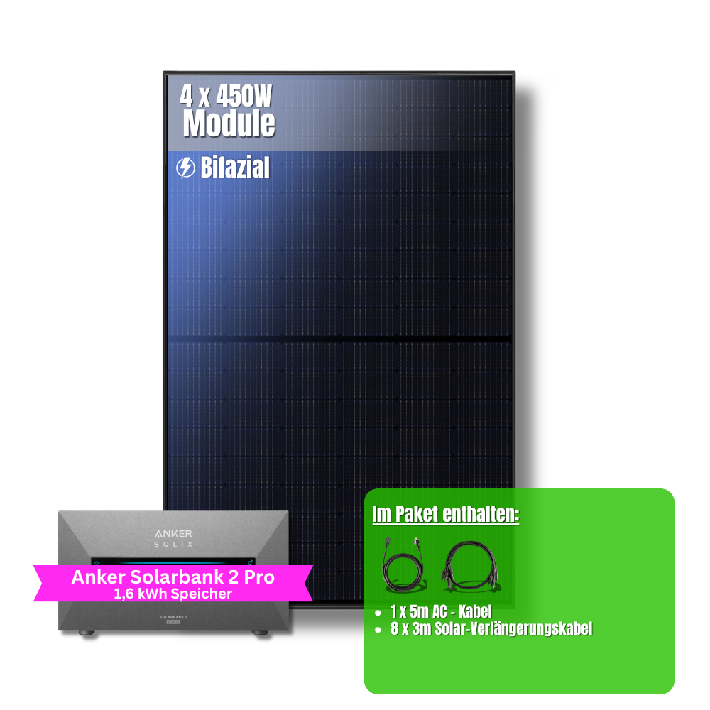 1800W Balkonkraftwerk Anker mit 1,6kWh Speicher (4 x 450w Module + 1,6kWh Anker SOLIX Solarbank 2 Pro)
