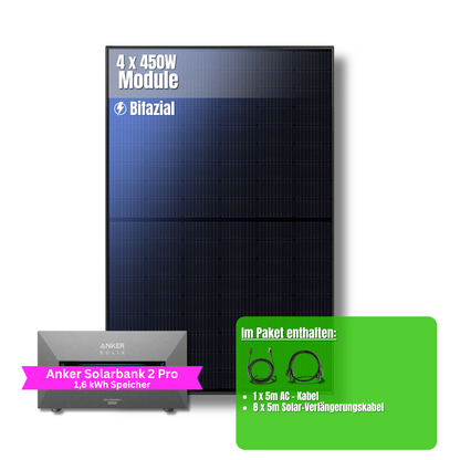 1800W Balkonkraftwerk Anker mit 1,6kWh Speicher (4 x 450w Module + 1,6kWh Anker SOLIX Solarbank 2 Pro)