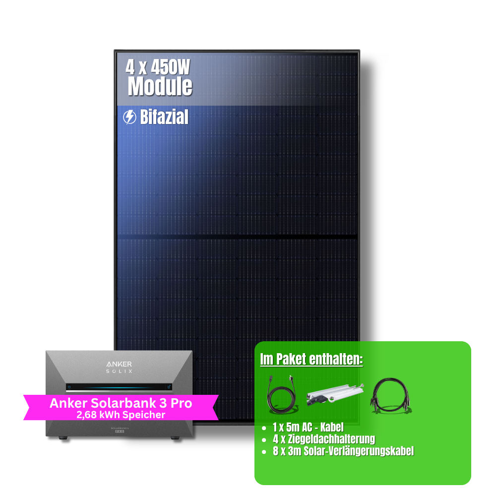 1800W Balkonkraftwerk Anker mit 2,6kWh Speicher (2 x 450w Module + 2,69kWh Anker SOLIX Solarbank 3 Pro)