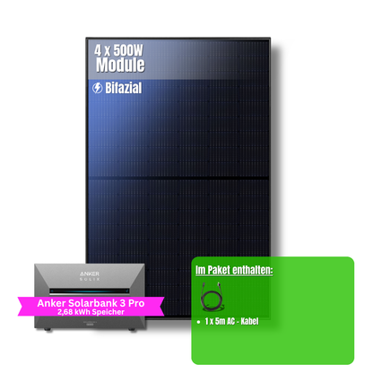2000W Balkonkraftwerk Anker mit 2,6kWh Speicher ( 4 x 500w Module + 2,69kWh Anker SOLIX Solarbank 3 Pro Speicher)