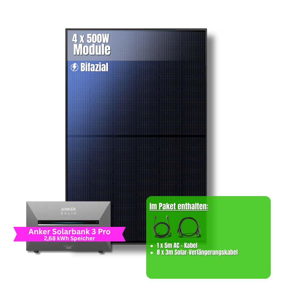 2000W Balkonkraftwerk Anker mit 2,6kWh Speicher ( 4 x 500w Module + 2,69kWh Anker SOLIX Solarbank 3 Pro Speicher)