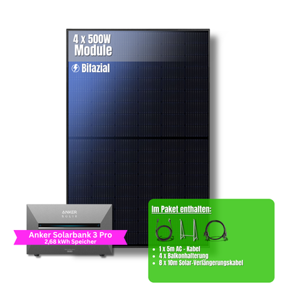2000W Balkonkraftwerk Anker mit 2,6kWh Speicher ( 4 x 500w Module + 2,69kWh Anker SOLIX Solarbank 3 Pro Speicher)