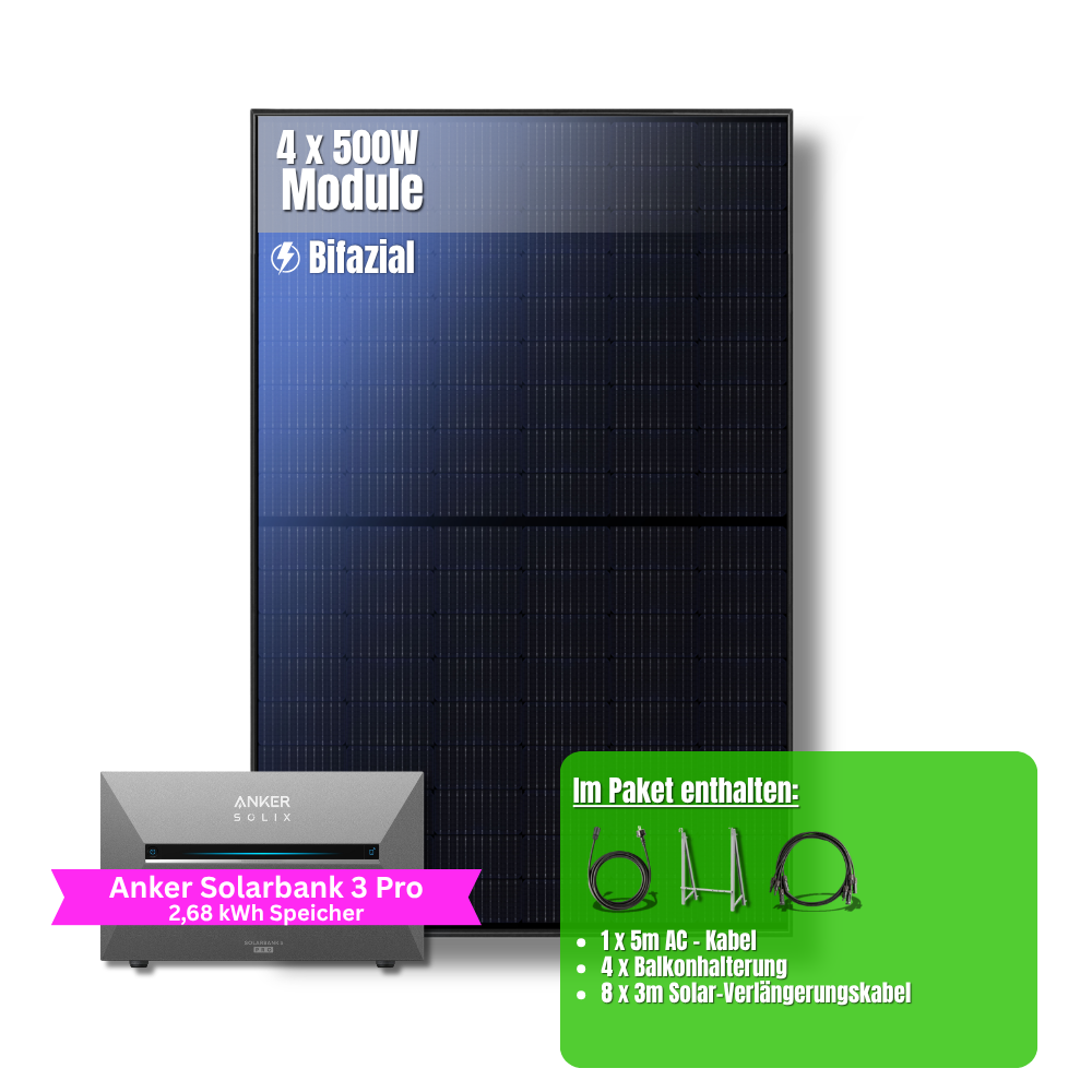 2000W Balkonkraftwerk Anker mit 2,6kWh Speicher ( 4 x 500w Module + 2,69kWh Anker SOLIX Solarbank 3 Pro Speicher)