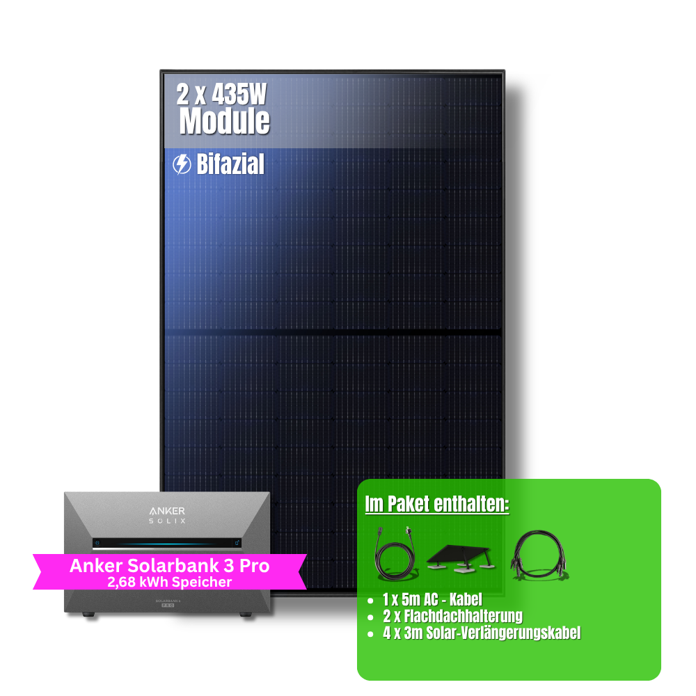 870W Balkonkraftwerk Anker mit 2,69kWh Speicher (2 x 435w Module + 2,69kWh Anker SOLIX Solarbank 3 Pro)