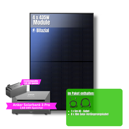 1740W Balkonkraftwerk Anker mit 5,4kWh Speicher (4 x 435w Module + 2,69kWh Anker SOLIX Solarbank 3 Pro + 2,69kWh Zusatzspeicher)