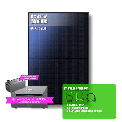 1740W Balkonkraftwerk Anker mit 5,4kWh Speicher (4 x 435w Module + 2,69kWh Anker SOLIX Solarbank 3 Pro + 2,69kWh Zusatzspeicher)