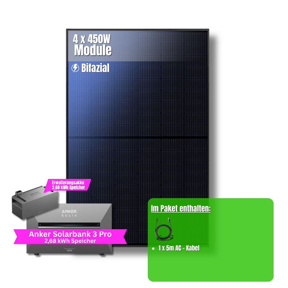 1800W Balkonkraftwerk Anker mit 5,3kWh Speicher (4 x 450w Module + 2,69kWh Anker SOLIX Solarbank 3 Pro + 2,69kWh Zusatzspeicher)