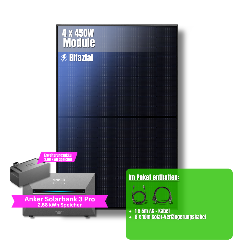 1800W Balkonkraftwerk Anker mit 5,3kWh Speicher (4 x 450w Module + 2,69kWh Anker SOLIX Solarbank 3 Pro + 2,69kWh Zusatzspeicher)