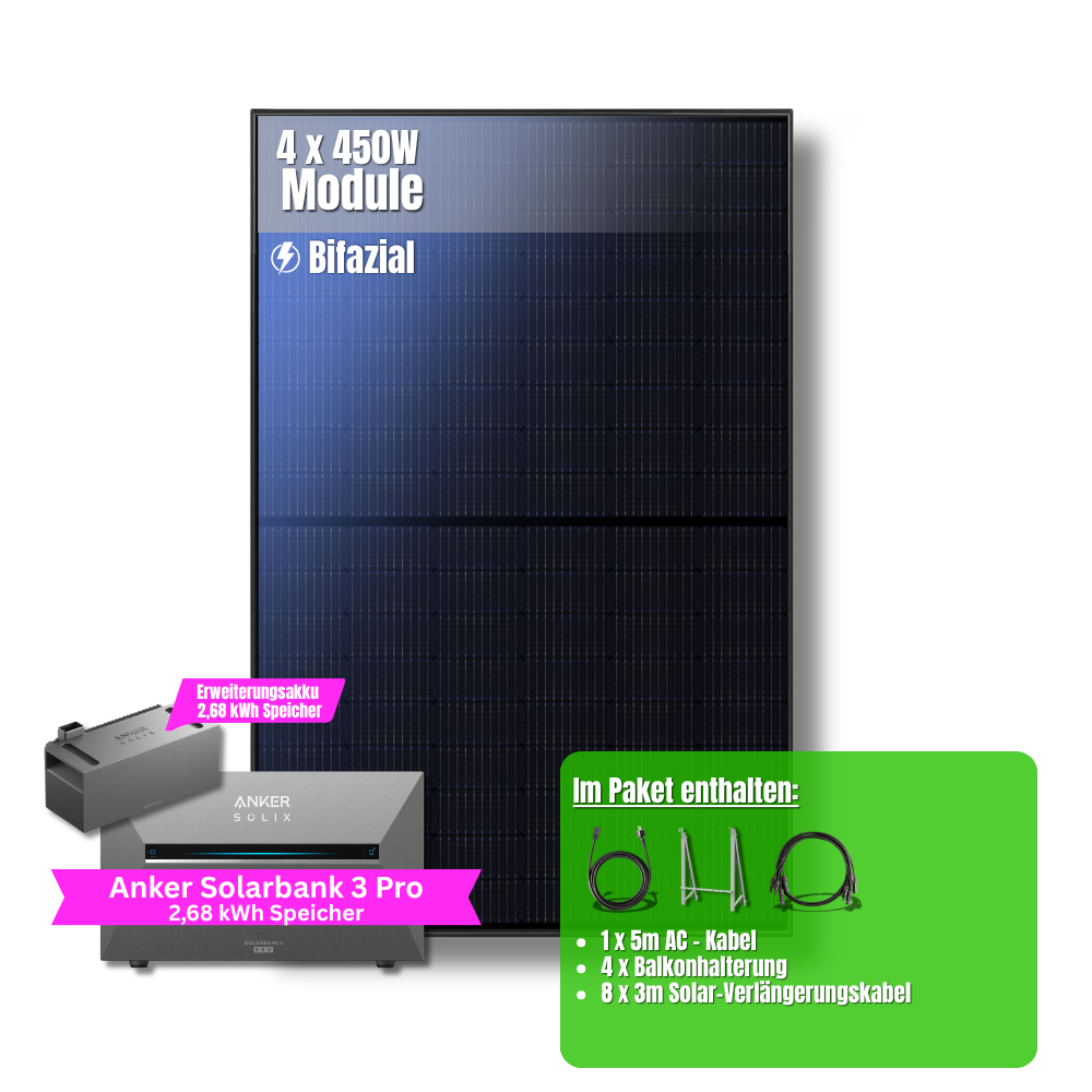 1800W Balkonkraftwerk Anker mit 5,3kWh Speicher (4 x 450w Module + 2,69kWh Anker SOLIX Solarbank 3 Pro + 2,69kWh Zusatzspeicher)