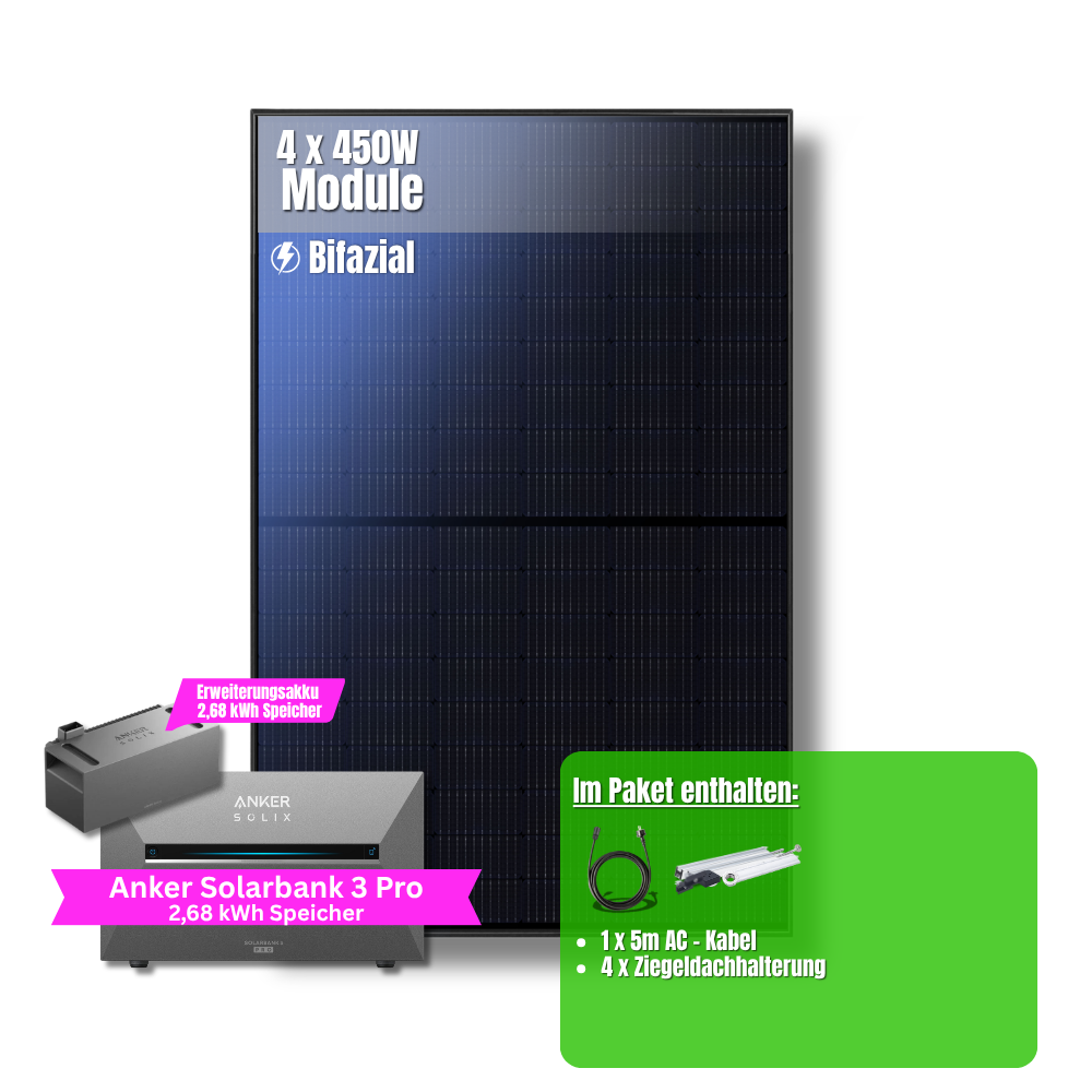 1800W Balkonkraftwerk Anker mit 5,3kWh Speicher (4 x 450w Module + 2,69kWh Anker SOLIX Solarbank 3 Pro + 2,69kWh Zusatzspeicher)