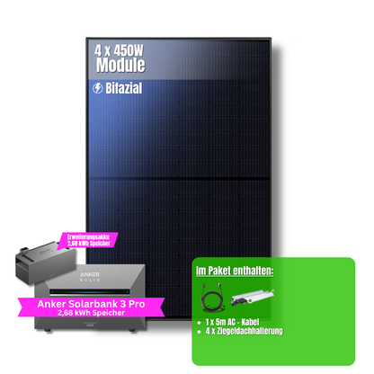 1800W Balkonkraftwerk Anker mit 5,3kWh Speicher (4 x 450w Module + 2,69kWh Anker SOLIX Solarbank 3 Pro + 2,69kWh Zusatzspeicher)