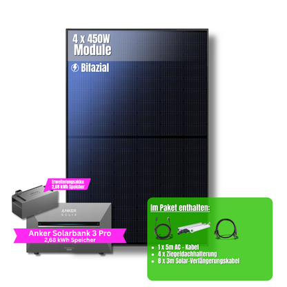 1800W Balkonkraftwerk Anker mit 5,3kWh Speicher (4 x 450w Module + 2,69kWh Anker SOLIX Solarbank 3 Pro + 2,69kWh Zusatzspeicher)