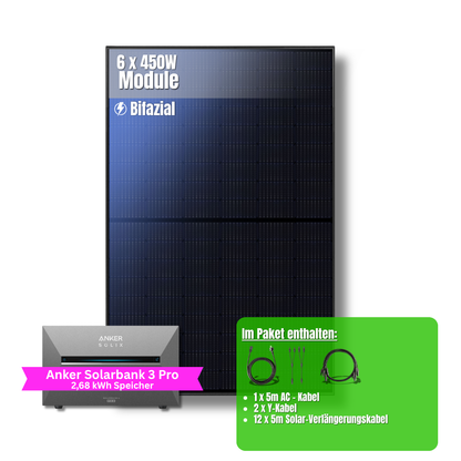 2700W Balkonkraftwerk Anker mit 2,6kWh Speicher (6 x 450w Module + 2,69kWh Anker SOLIX Solarbank 3 Pro)
