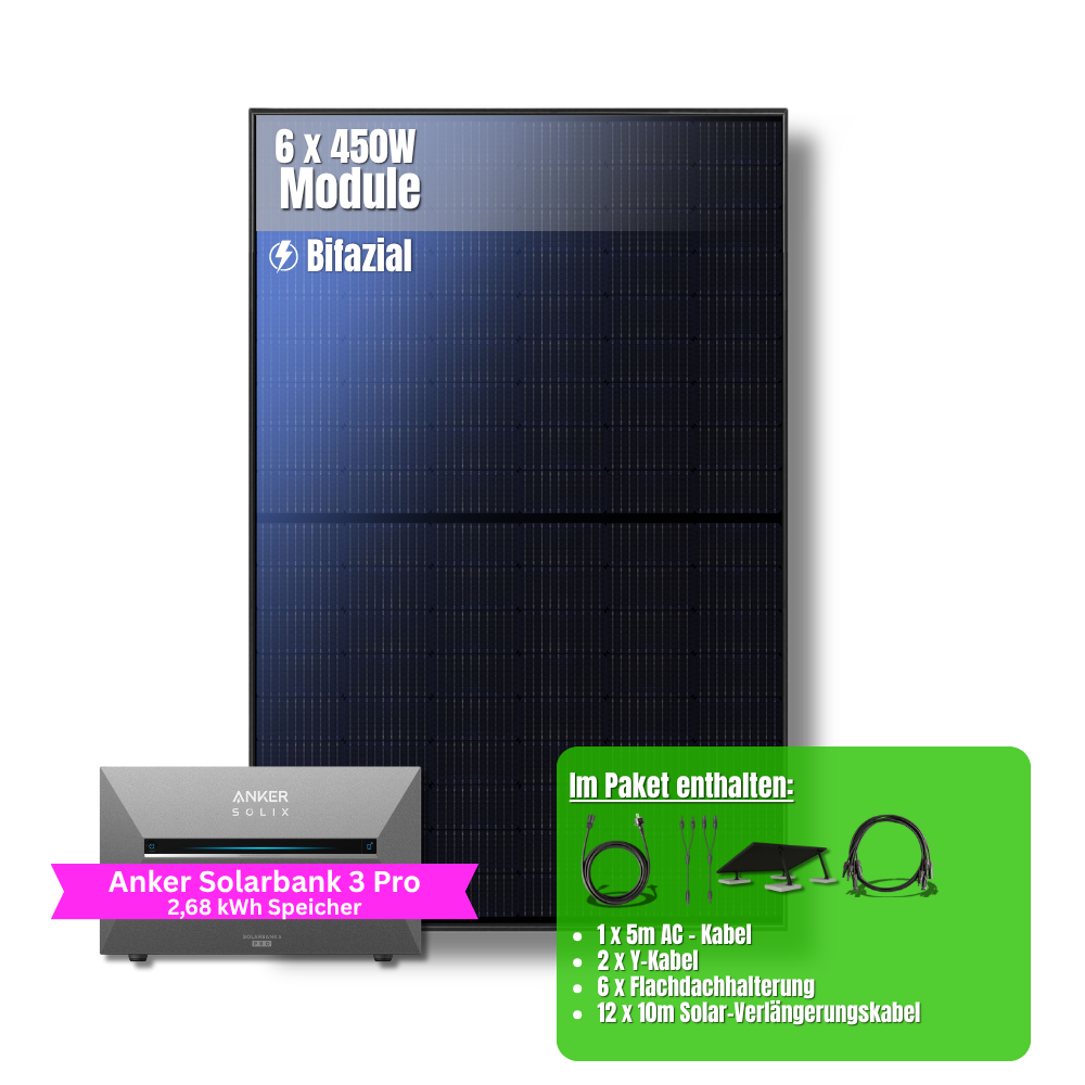 2700W Balkonkraftwerk Anker mit 2,6kWh Speicher (6 x 450w Module + 2,69kWh Anker SOLIX Solarbank 3 Pro)