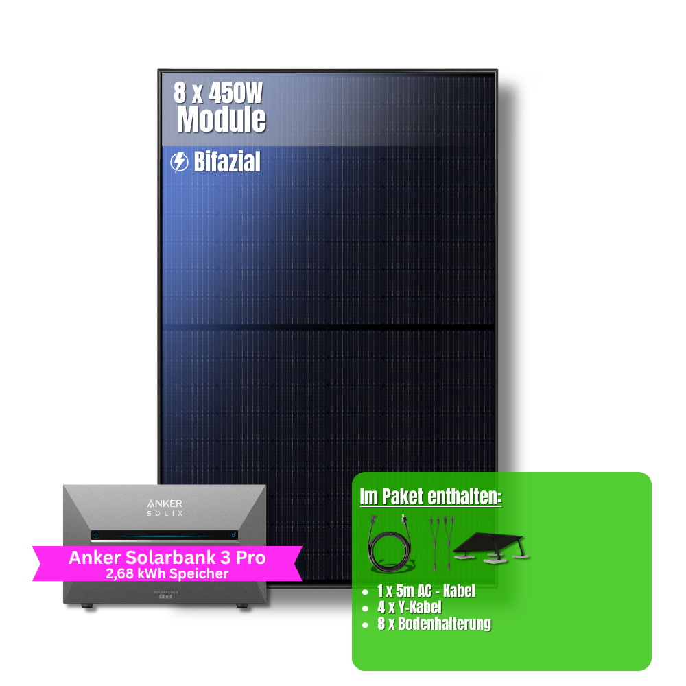 3600W Balkonkraftwerk Anker mit 2,6kWh Speicher (8 x 450w Module + 2,69kWh Anker SOLIX Solarbank 3 Pro)