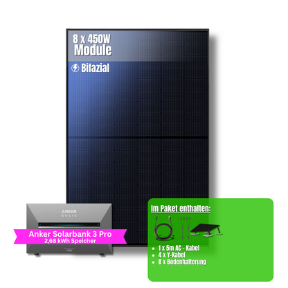 3600W Balkonkraftwerk Anker mit 2,6kWh Speicher (8 x 450w Module + 2,69kWh Anker SOLIX Solarbank 3 Pro)