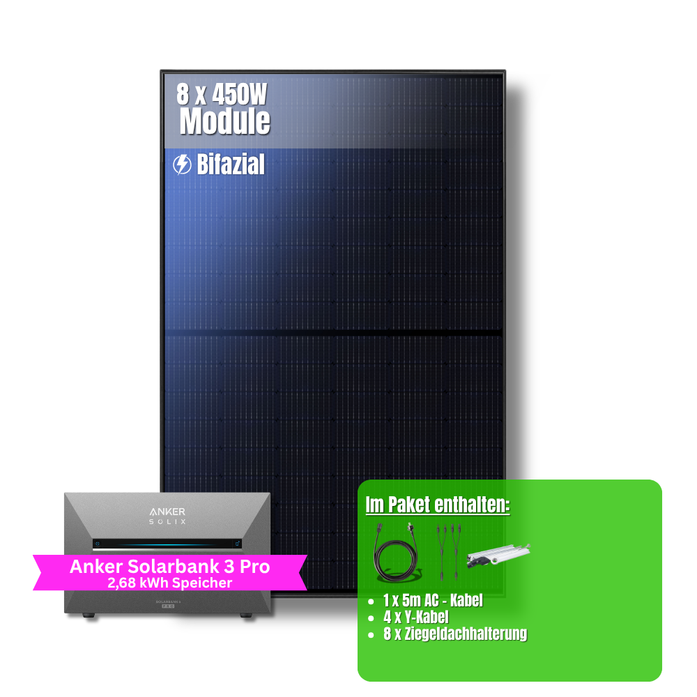 3600W Balkonkraftwerk Anker mit 2,6kWh Speicher (8 x 450w Module + 2,69kWh Anker SOLIX Solarbank 3 Pro)