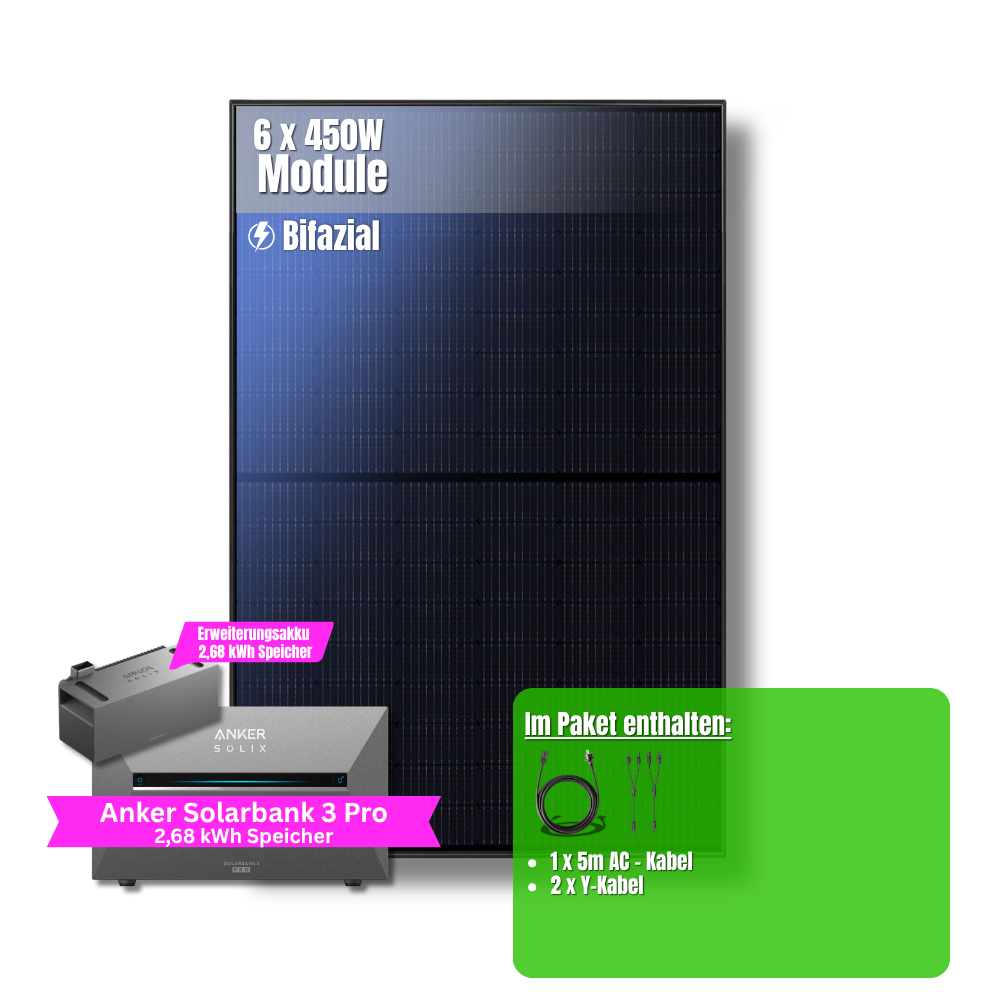 2700W Balkonkraftwerk Anker mit 5,4kWh Speicher (6 x 450w Module + 2,69kWh Anker SOLIX Solarbank 3 Pro + 2,69kWh Zusatzspeicher)