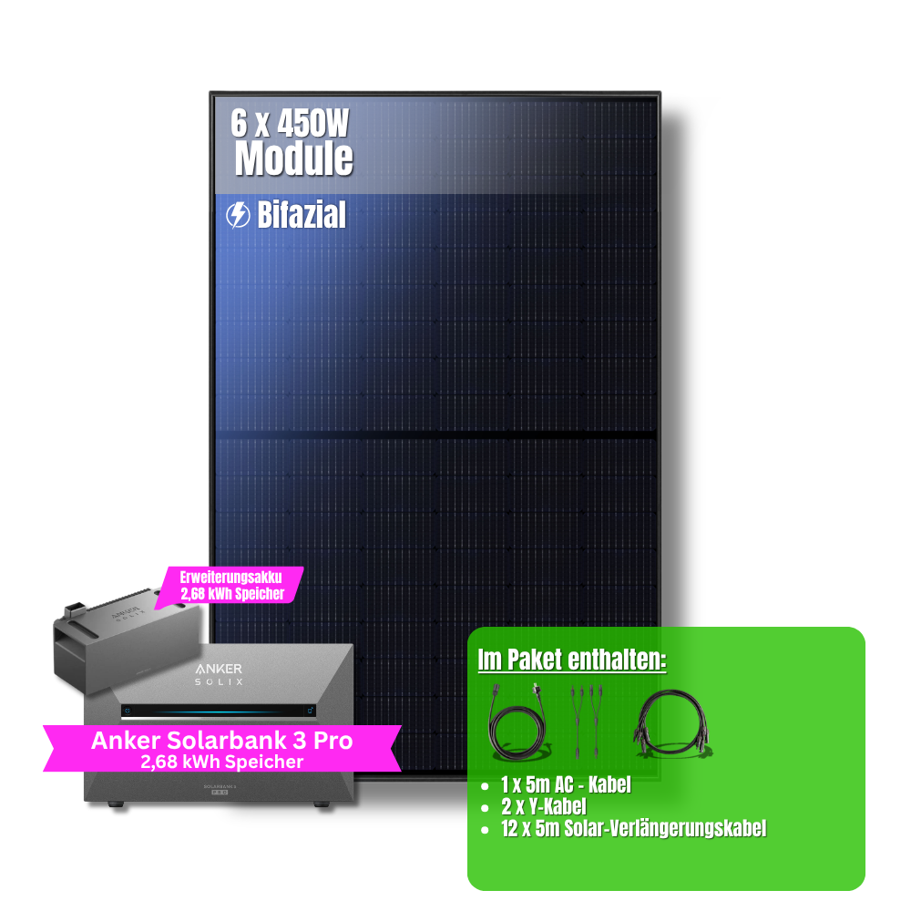 2700W Balkonkraftwerk Anker mit 5,4kWh Speicher (6 x 450w Module + 2,69kWh Anker SOLIX Solarbank 3 Pro + 2,69kWh Zusatzspeicher)