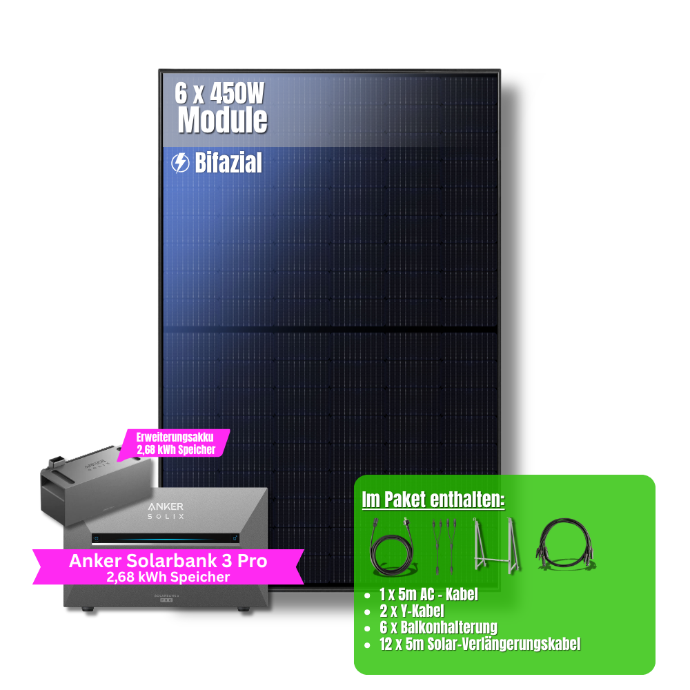 2700W Balkonkraftwerk Anker mit 5,4kWh Speicher (6 x 450w Module + 2,69kWh Anker SOLIX Solarbank 3 Pro + 2,69kWh Zusatzspeicher)