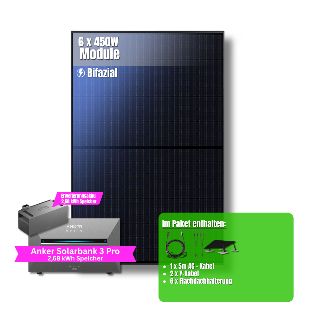 2700W Balkonkraftwerk Anker mit 5,4kWh Speicher (6 x 450w Module + 2,69kWh Anker SOLIX Solarbank 3 Pro + 2,69kWh Zusatzspeicher)