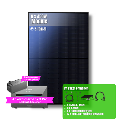 2700W Balkonkraftwerk Anker mit 5,4kWh Speicher (6 x 450w Module + 2,69kWh Anker SOLIX Solarbank 3 Pro + 2,69kWh Zusatzspeicher)