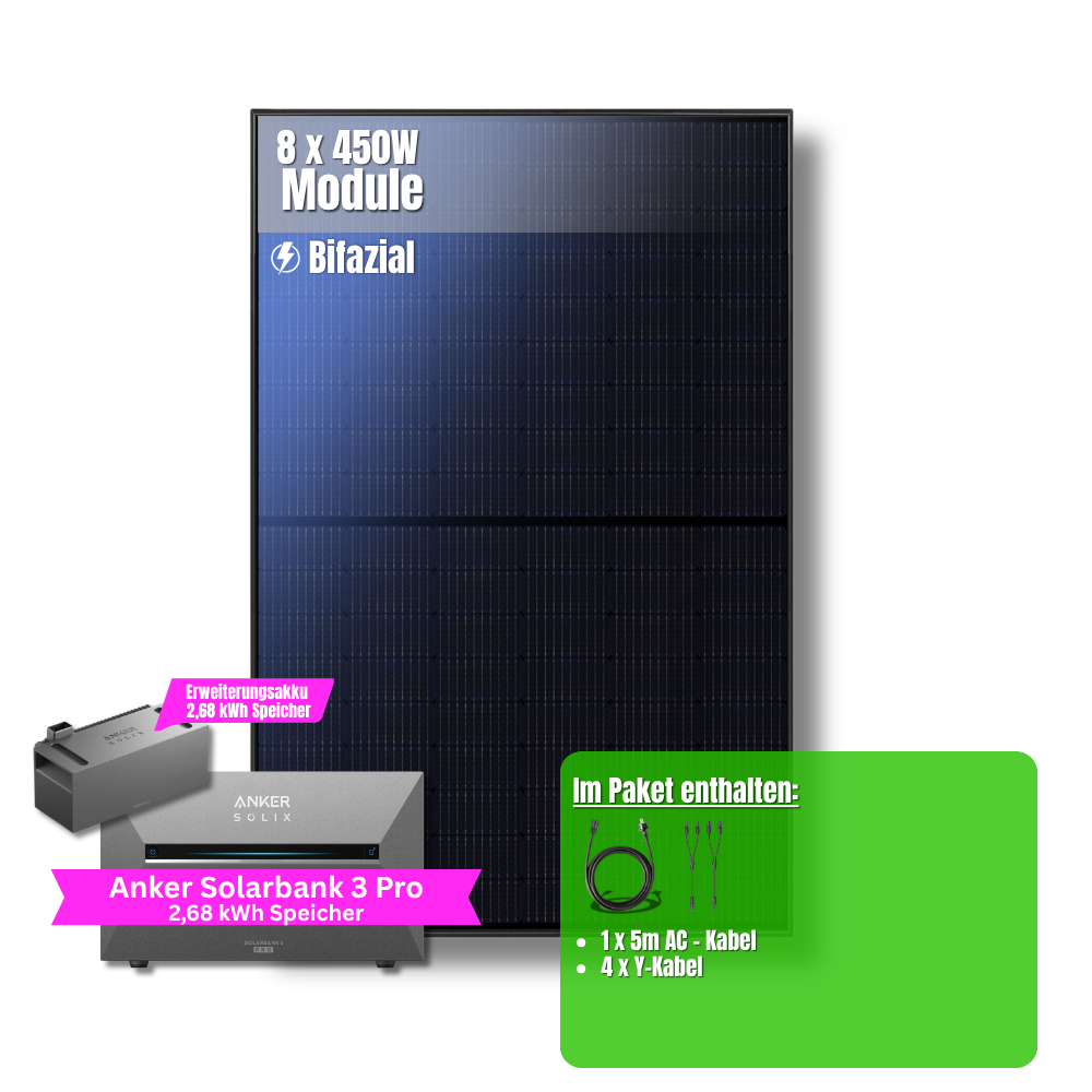 3600W Balkonkraftwerk Anker mit 5,4kWh Speicher (8 x 450w Module + 2,69kWh Anker SOLIX Solarbank 3 Pro + 2,69kWh Zusatzspeicher)