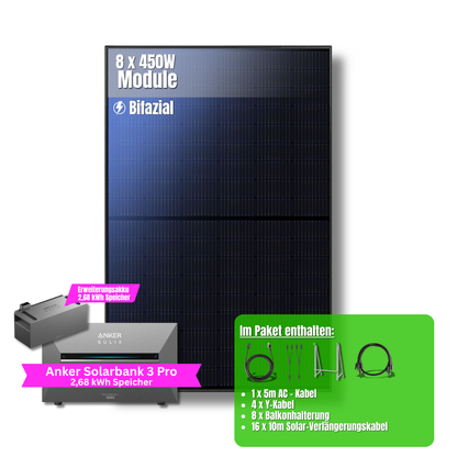 3600W Balkonkraftwerk Anker mit 5,4kWh Speicher (8 x 450w Module + 2,69kWh Anker SOLIX Solarbank 3 Pro + 2,69kWh Zusatzspeicher)