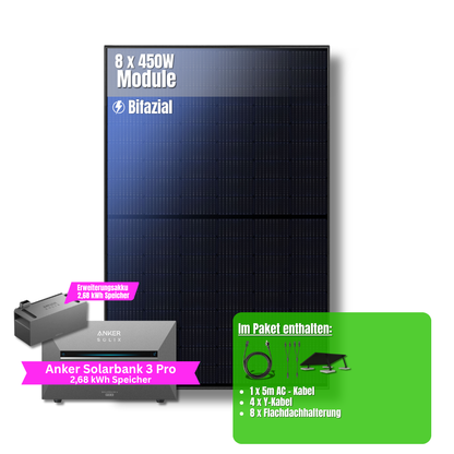 3600W Balkonkraftwerk Anker mit 5,4kWh Speicher (8 x 450w Module + 2,69kWh Anker SOLIX Solarbank 3 Pro + 2,69kWh Zusatzspeicher)