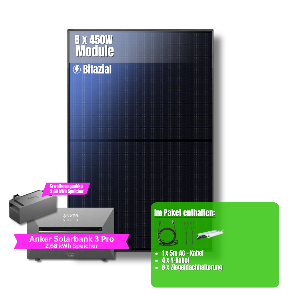 3600W Balkonkraftwerk Anker mit 5,4kWh Speicher (8 x 450w Module + 2,69kWh Anker SOLIX Solarbank 3 Pro + 2,69kWh Zusatzspeicher)