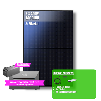 3600W Balkonkraftwerk Anker mit 5,4kWh Speicher (8 x 450w Module + 2,69kWh Anker SOLIX Solarbank 3 Pro + 2,69kWh Zusatzspeicher)