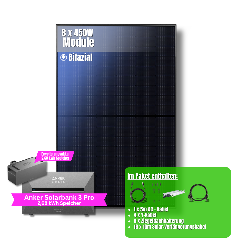 3600W Balkonkraftwerk Anker mit 5,4kWh Speicher (8 x 450w Module + 2,69kWh Anker SOLIX Solarbank 3 Pro + 2,69kWh Zusatzspeicher)