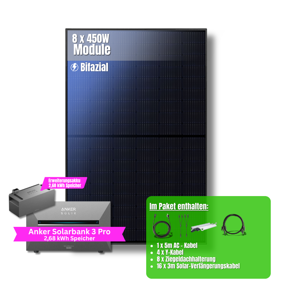 3600W Balkonkraftwerk Anker mit 5,4kWh Speicher (8 x 450w Module + 2,69kWh Anker SOLIX Solarbank 3 Pro + 2,69kWh Zusatzspeicher)