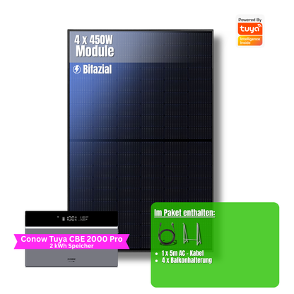 1800W Balkonkraftwerk Tuya mit 2kWh Speicher (4 x 450w Module + 2kWh Speicher CBE 2000 Pro)
