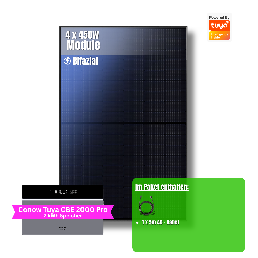1800W Balkonkraftwerk Tuya mit 2kWh Speicher (4 x 450w Module + 2kWh Speicher CBE 2000 Pro)