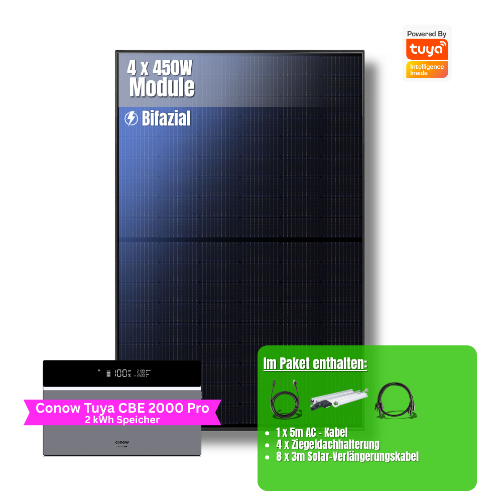 1800W Balkonkraftwerk Tuya mit 2kWh Speicher (4 x 450w Module + 2kWh Speicher CBE 2000 Pro)