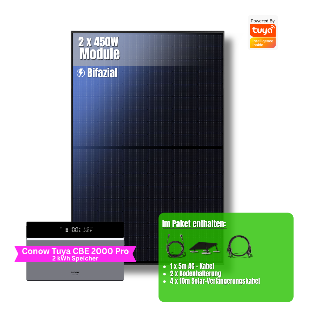 900W Balkonkraftwerk Tuya mit 2kWh Speicher (2 x 450w Module + 2kWh Speicher CBE 2000 Pro)