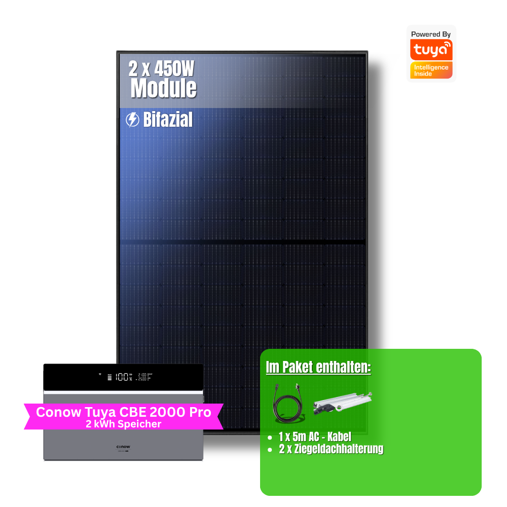 900W Balkonkraftwerk Tuya mit 2kWh Speicher (2 x 450w Module + 2kWh Speicher CBE 2000 Pro)