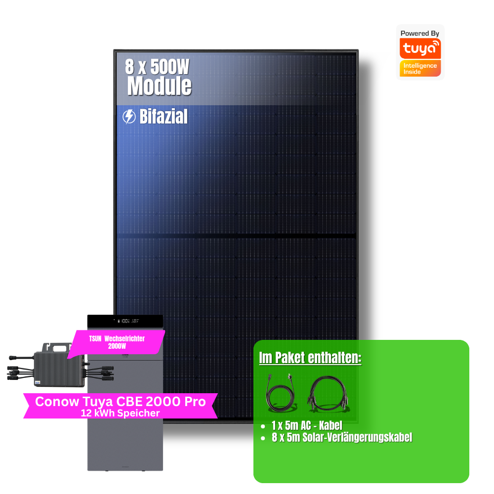 4000W Balkonkraftwerk Tuya mit 12kWh Speicher (8 x 500w Module + 2kwh Speicher CBE 2000 Pro + 2x 5kWh Zusatzakku + 2 kWh Wechselrichter)