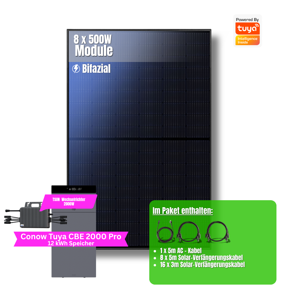 4000W Balkonkraftwerk Tuya mit 12kWh Speicher (8 x 500w Module + 2kwh Speicher CBE 2000 Pro + 2x 5kWh Zusatzakku + 2 kWh Wechselrichter)