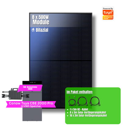 4000W Balkonkraftwerk Tuya mit 12kWh Speicher (8 x 500w Module + 2kwh Speicher CBE 2000 Pro + 2x 5kWh Zusatzakku + 2 kWh Wechselrichter)