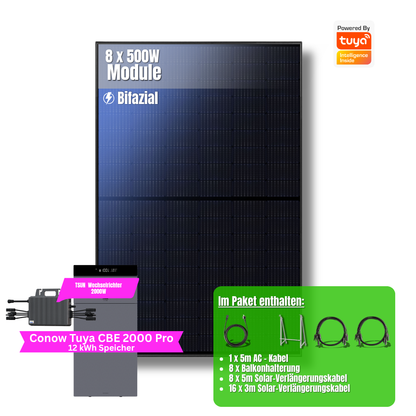 4000W Balkonkraftwerk Tuya mit 12kWh Speicher (8 x 500w Module + 2kwh Speicher CBE 2000 Pro + 2x 5kWh Zusatzakku + 2 kWh Wechselrichter)