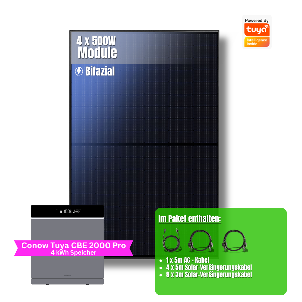 2000W Balkonkraftwerk Tuya mit 4kWh Speicher (4 x 500w Module + 2kwh Speicher CBE 2000 Pro + 2kWh Zusatzakku)